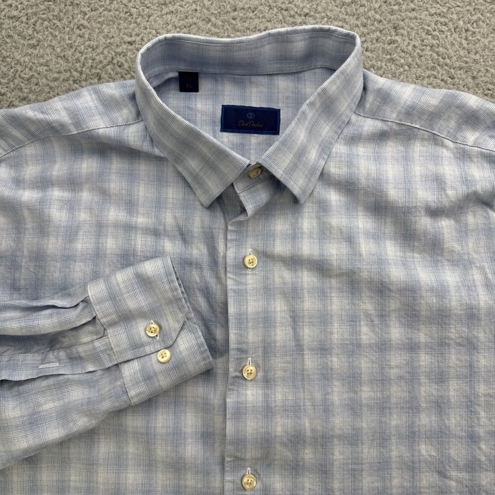 David Donahue Button Up Shirt Mens XL Blue Check Long Sleeve Cotton Regular Fit